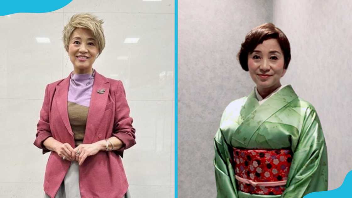 Kazue Ikura is posing for a photo (L). She is in a room (R) Kazue Ikura is posing for a photo (L). She is in a room (R)