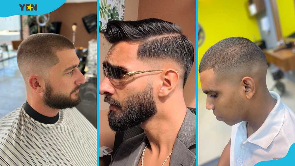Buzzcut (L), pompadour (M), and high fade (R) Buzzcut (L), pompadour (M), and high fade (R)
