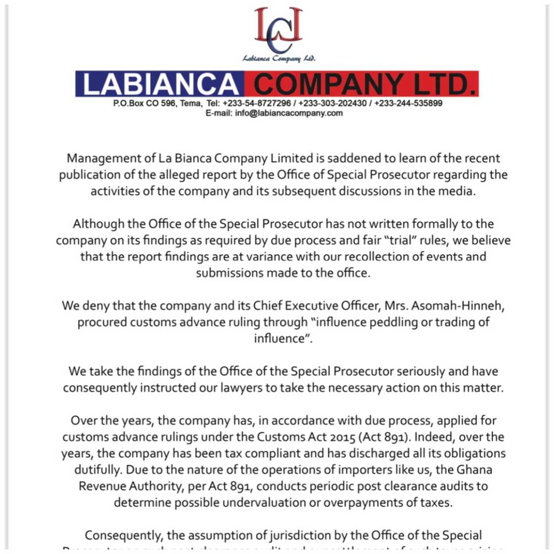 Labianca's statement on the allegations by the OSP Labianca's statement on the allegations by the OSP