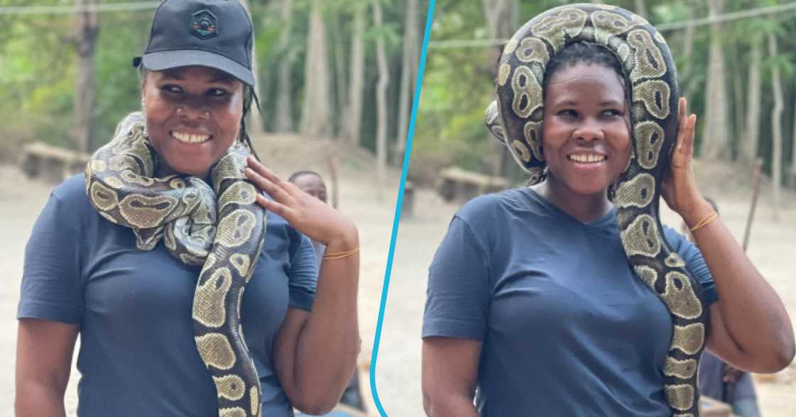 Lady poses with snake around her neck.