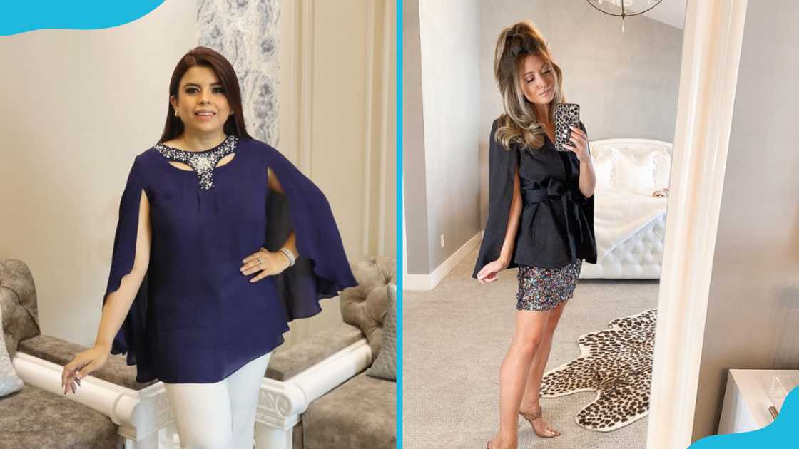 Women in navy blue and black cape tops Women in navy blue and black cape tops