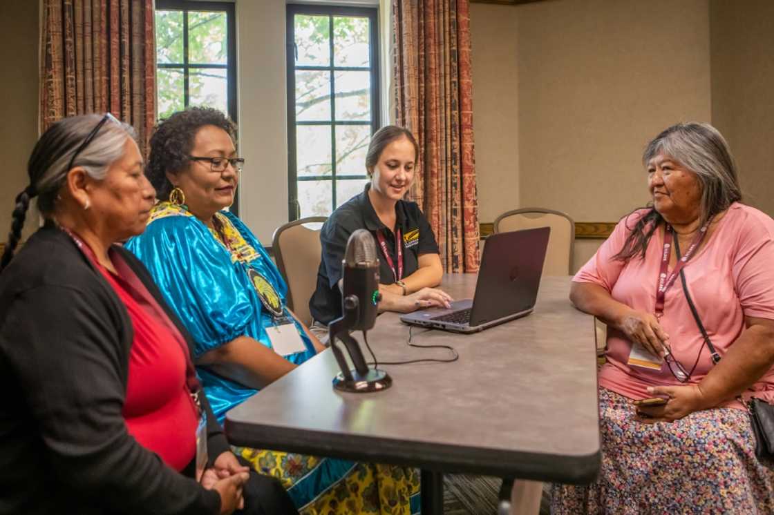 Ashleigh Surma (second right) assists Elva Case (left), Linda Lupe (second left) and Joycelene Johnson (right) in recording Indigenous languages in Bloomington, Indiana, on October 13, 2023 Ashleigh Surma (second right) assists Elva Case (left), Linda Lupe (second left) and Joycelene Johnson (right) in recording Indigenous languages in Bloomington, Indiana, on October 13, 2023