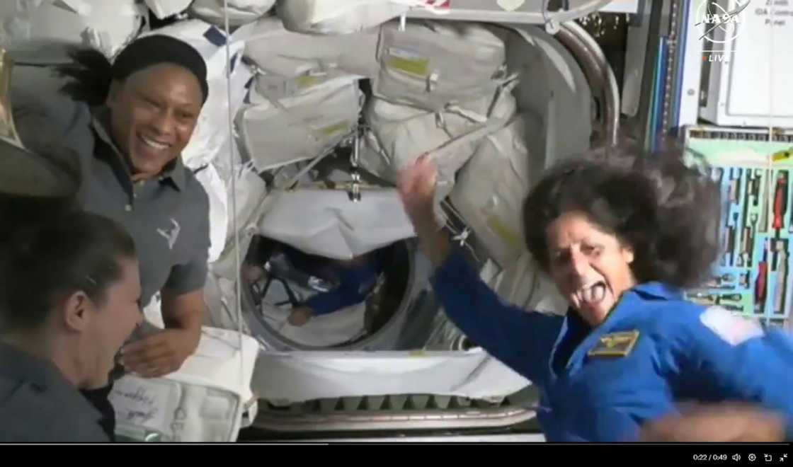 Astronaut Suni Williams, seen on the right, performed a short dance to celebrate her third arrival on the ISS