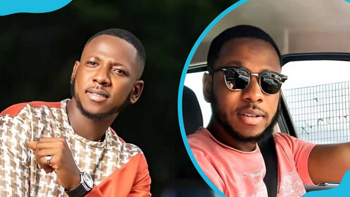 Aaron Adatsi is posing for a photograph (L). He is inside a car (R) Aaron Adatsi is posing for a photograph (L). He is inside a car (R)