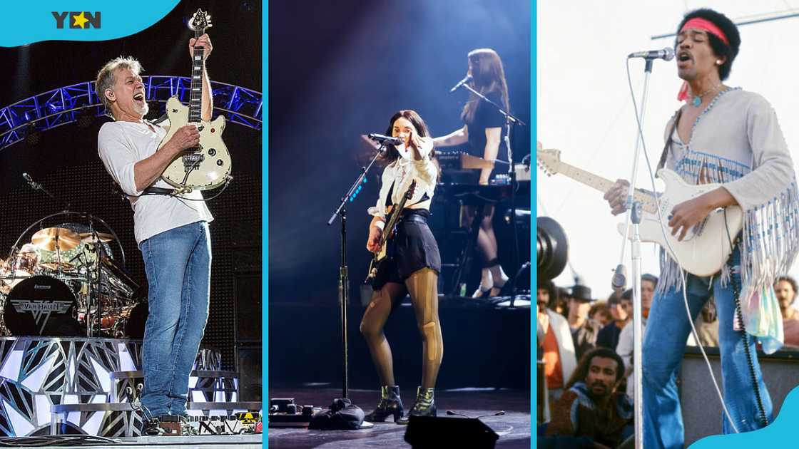 Eddie Van Halen (L), St. Vincent (M), and Jimi Hendrix (R) during their past performances Eddie Van Halen (L), St. Vincent (M), and Jimi Hendrix (R) during their past performances