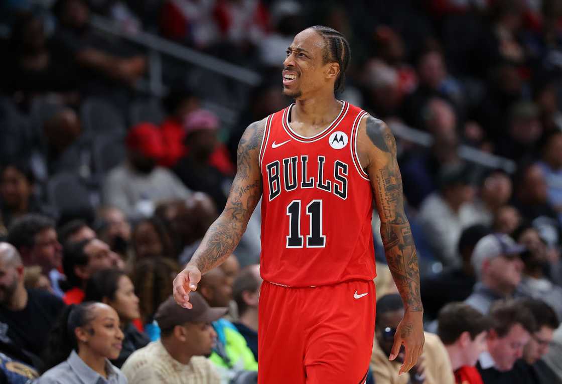 DeMar DeRozan, in a red Chicago Bulls jersey, while playing against the Atlanta Hawks DeMar DeRozan, in a red Chicago Bulls jersey, while playing against the Atlanta Hawks