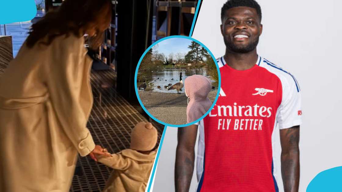 Thomas Partey's daughter watches ducks swim. Thomas Partey's daughter watches ducks swim.