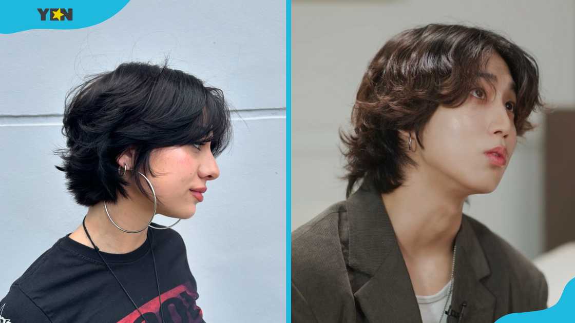 Black butterfly haircut with bangs (L). Dark brown butterfly haircut with bangs (R) Black butterfly haircut with bangs (L). Dark brown butterfly haircut with bangs (R)