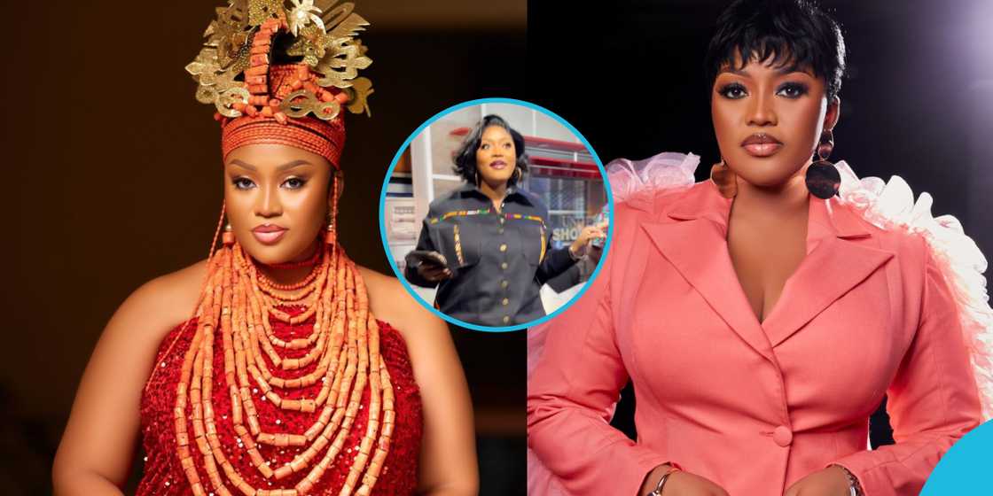 United Showbiz host MzGee looks fabulous in a two-piece denim outfit designed with kente fabric United Showbiz host MzGee looks fabulous in a two-piece denim outfit designed with kente fabric