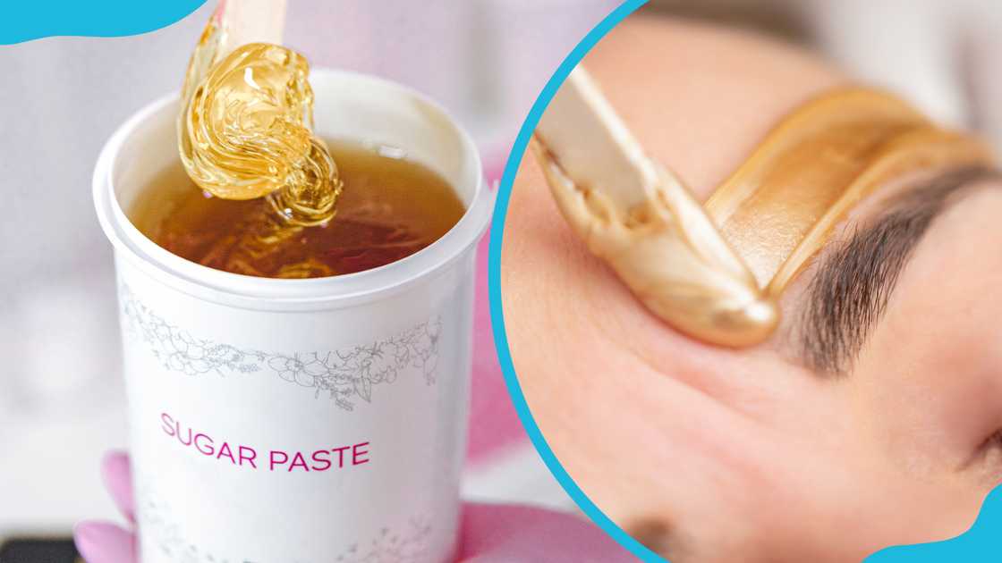 A tin with a sugar wax paste wax (L). Gold coloured wax on a woman's face (R)