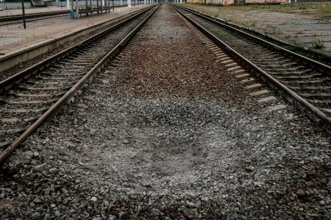 A crater between railway tracks at the recently retaken Kupiansk Vuzlovyi station