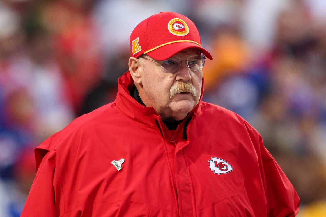 Andy Reid of the Kansas City Chiefs looks on before a game against the Buffalo Bills