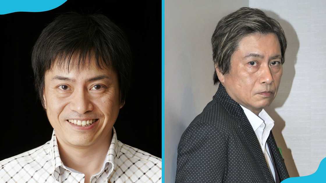 Hiroaki Hirata is posing on a dark background (L). He is on a grey background (R)