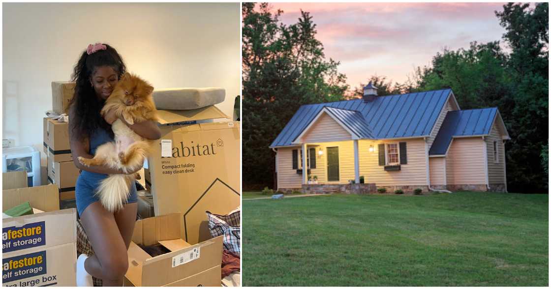 Photos of a lady holding a dog and a house