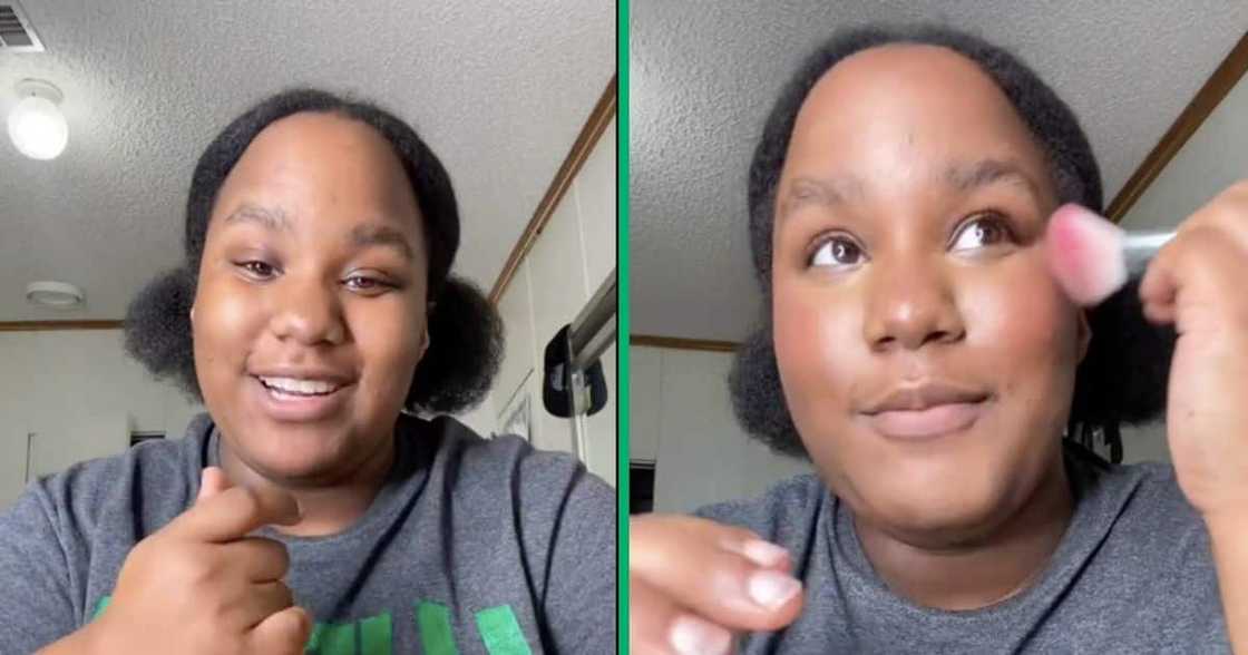 Woman tells a story while applying makeup Woman tells a story while applying makeup