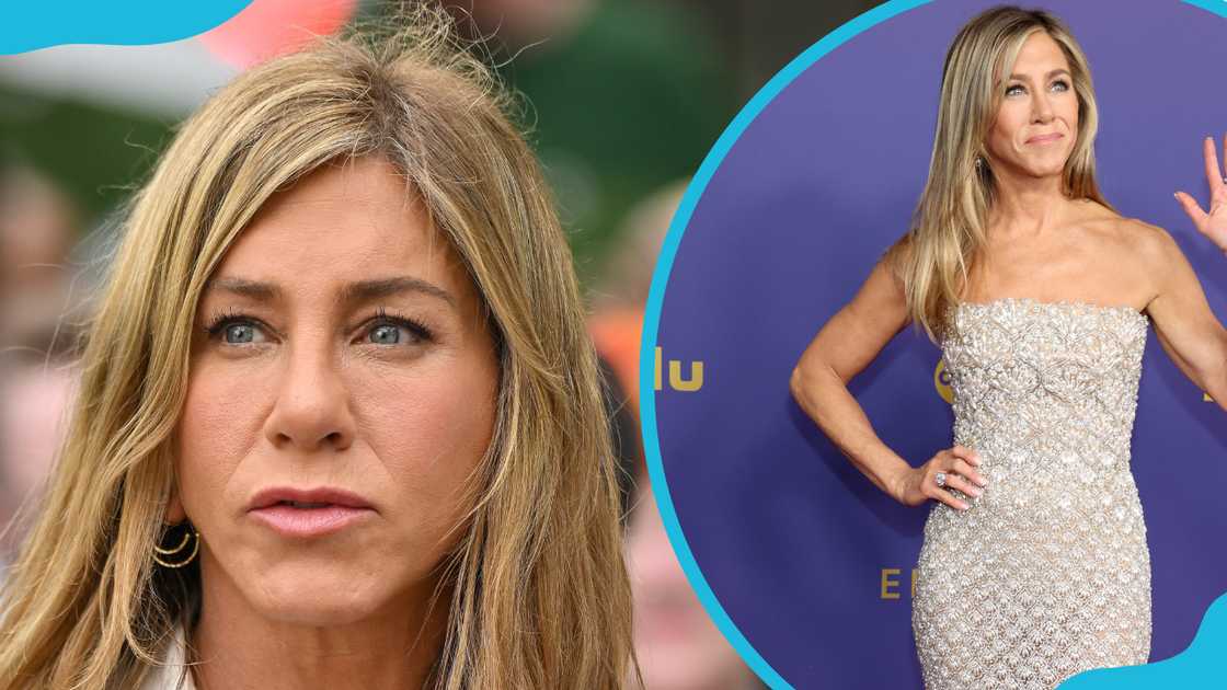 Aniston is seen filming in the Flatiron District (L). She attends the 76th Primetime Emmy Awards (R). Aniston is seen filming in the Flatiron District (L). She attends the 76th Primetime Emmy Awards (R).