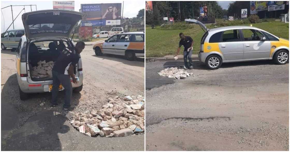 Photos of taxi driving fixing potholes on Taadi road.