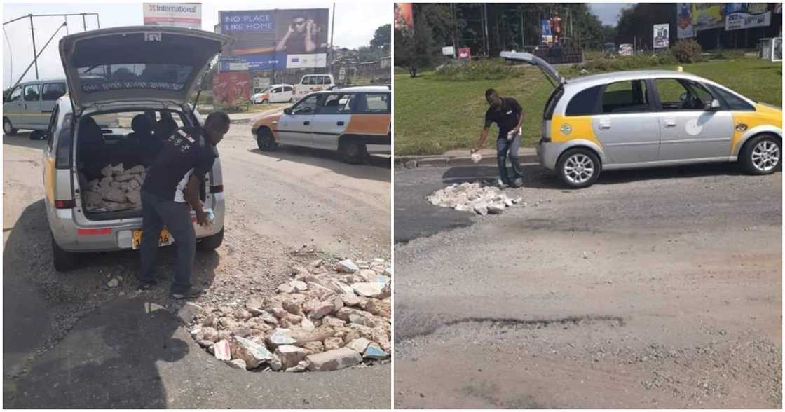 Photos of taxi driving fixing potholes on Taadi road. Photos of taxi driving fixing potholes on Taadi road.