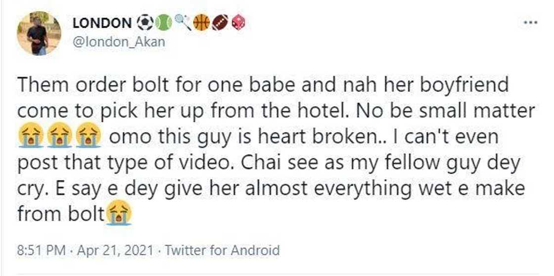 Heartbreaking as Bolt driver catches girlfriend in hotel with a client who requested his service Heartbreaking as Bolt driver catches girlfriend in hotel with a client who requested his service