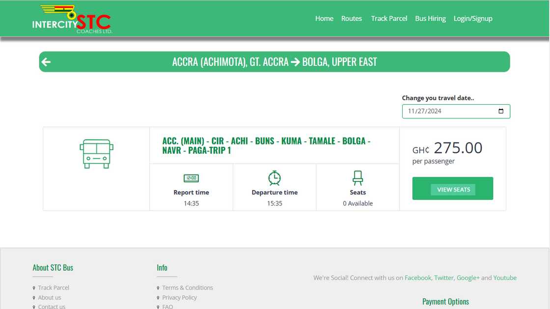 The Intercity STC bus booking page The Intercity STC bus booking page