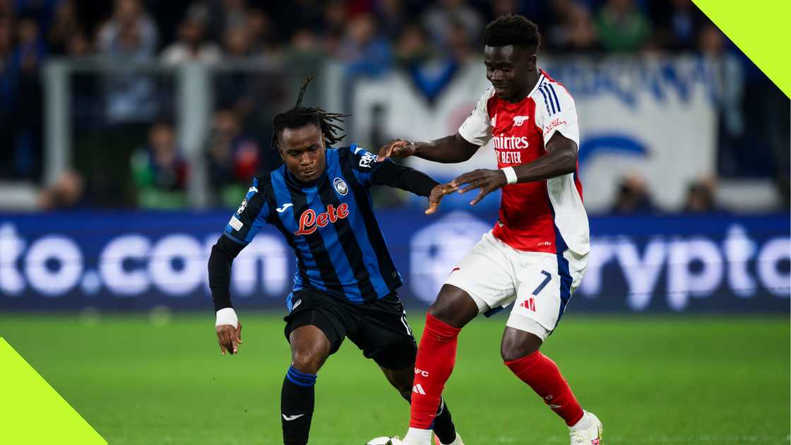 Ademola Lookman, Bukayo Saka, Atalanta, Arsenal, Gewiss Stadium, Bergamo, Italy, UEFA Champions League. Ademola Lookman, Bukayo Saka, Atalanta, Arsenal, Gewiss Stadium, Bergamo, Italy, UEFA Champions League.