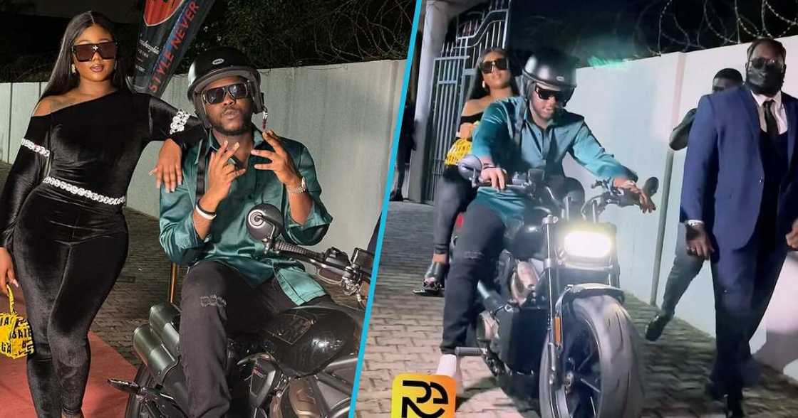 Salma Mumin and Medikal riding a Lamborghini Bike