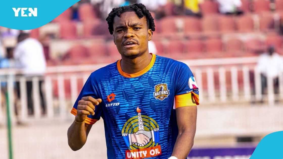 Razak Simpson scored a stunning free-kick for Nations FC in their victory against Medeama SC. Razak Simpson scored a stunning free-kick for Nations FC in their victory against Medeama SC.