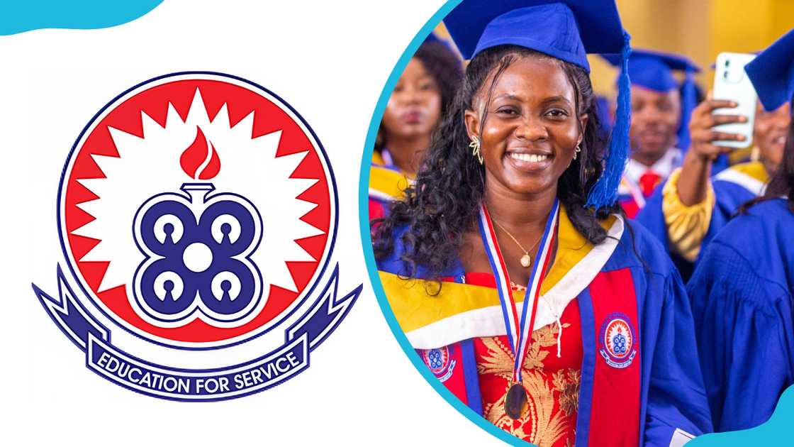 The UEW logo and students of the institution graduating The UEW logo and students of the institution graduating