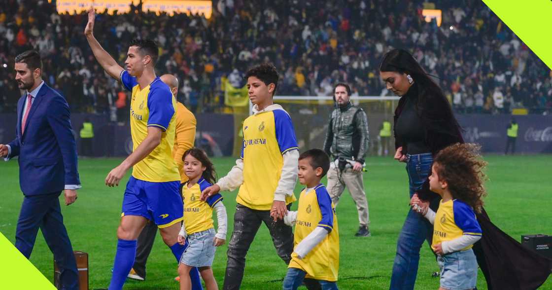 Cristiano Ronaldo waves to Al-Nassr fans at his official unveiling at Mrsool Park in Riyadh on January 3, 2023.