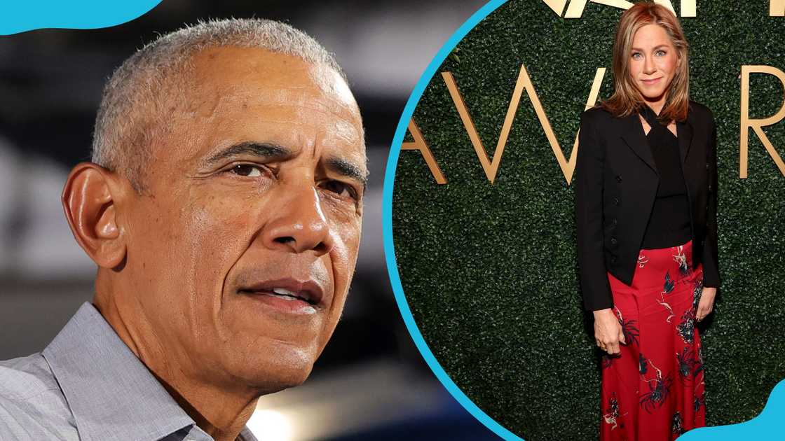 Former U.S. President Barack Obama (L). Aniston attends the AFI Awards (R). Former U.S. President Barack Obama (L). Aniston attends the AFI Awards (R).