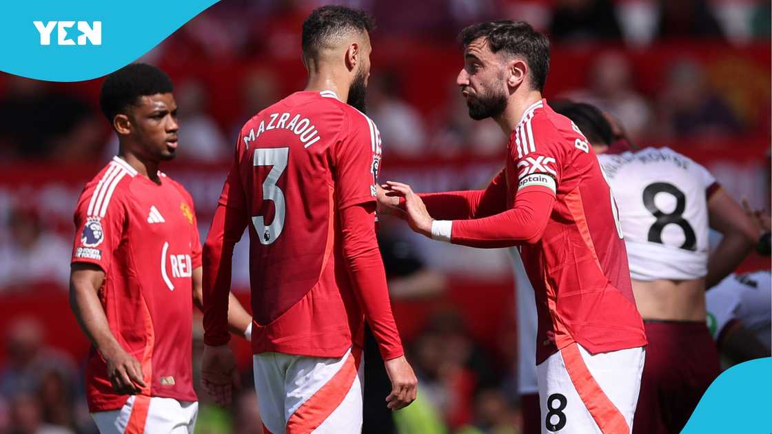 Bruno Fernandes, Manchester United, Noussair Mazraoui, Premier League match, West Ham United FC, Old Trafford Bruno Fernandes, Manchester United, Noussair Mazraoui, Premier League match, West Ham United FC, Old Trafford