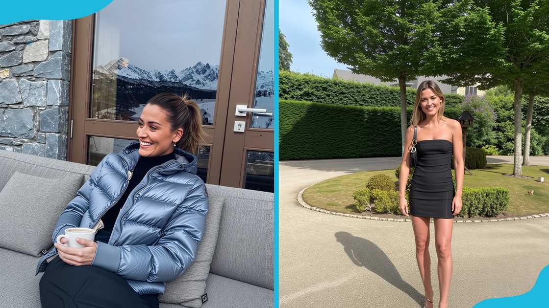 Caragh Keane in a blue puffy jacket and short sleeveless dress