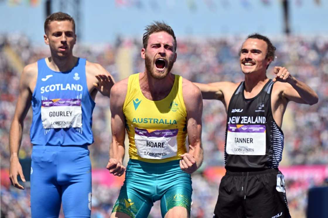 Australia's Oliver Hoare (centre) reacts after winning the men's 1500m at the 2022 Commonwealth Games Australia's Oliver Hoare (centre) reacts after winning the men's 1500m at the 2022 Commonwealth Games