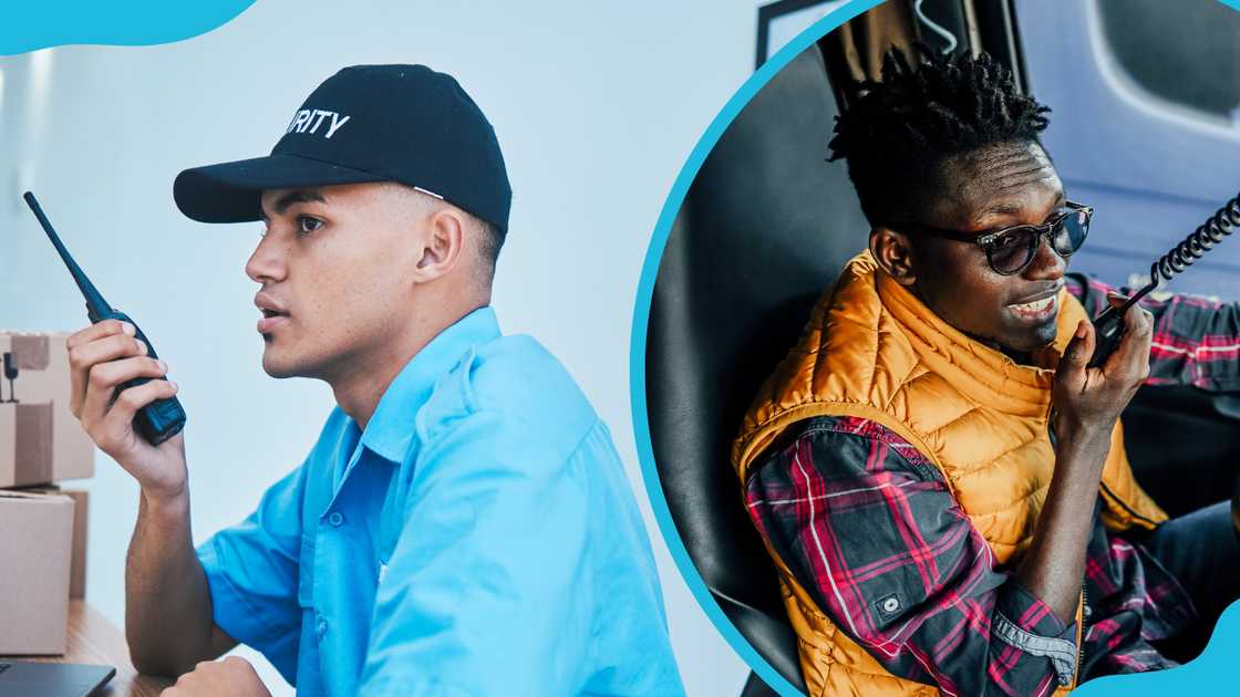 A security officer using a walkie-talkie (L). A truck driver using a radio to contact other convoy drivers (R) A security officer using a walkie-talkie (L). A truck driver using a radio to contact other convoy drivers (R)