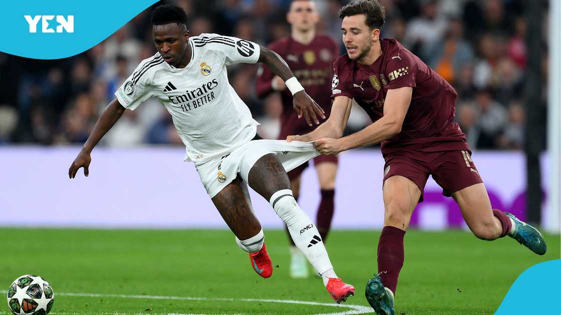 Nico Gonzalez tried to stop Vinicius Junior in his tracks during Real Madrid's Champions League play-off against Manchester City. Photo by David Ramos. Nico Gonzalez tried to stop Vinicius Junior in his tracks during Real Madrid's Champions League play-off against Manchester City. Photo by David Ramos.
