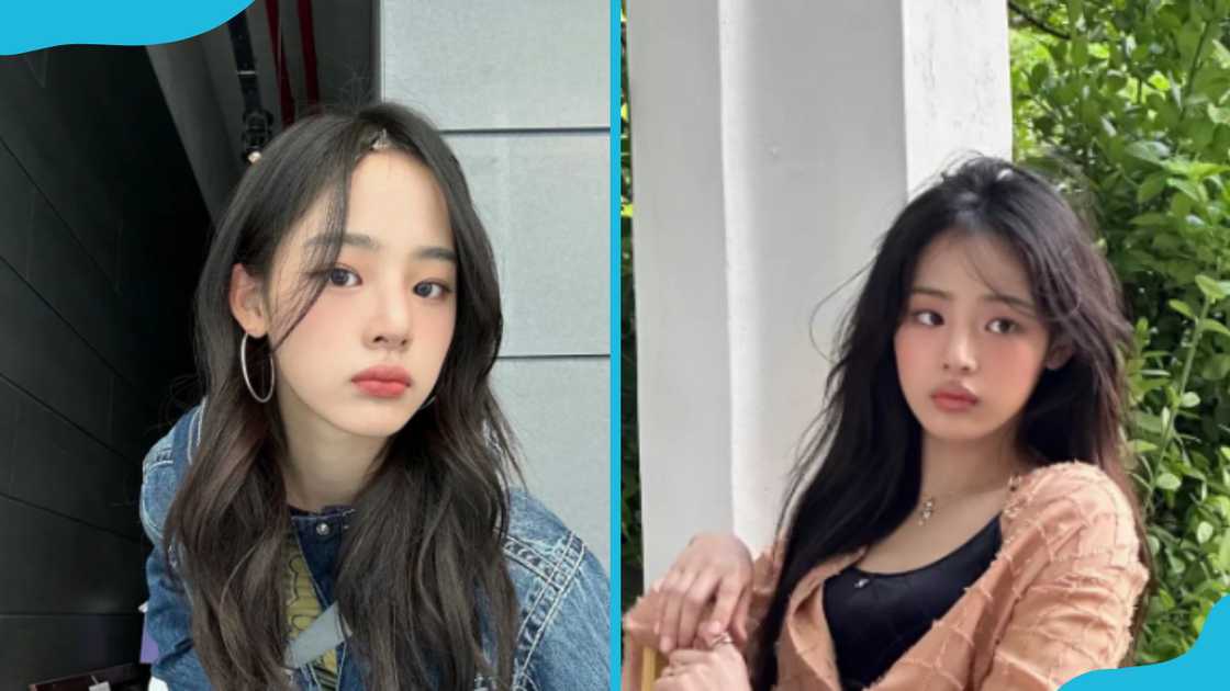 Minji leans against a wall (L) and sits next to a metal pillar (R) Minji leans against a wall (L) and sits next to a metal pillar (R)