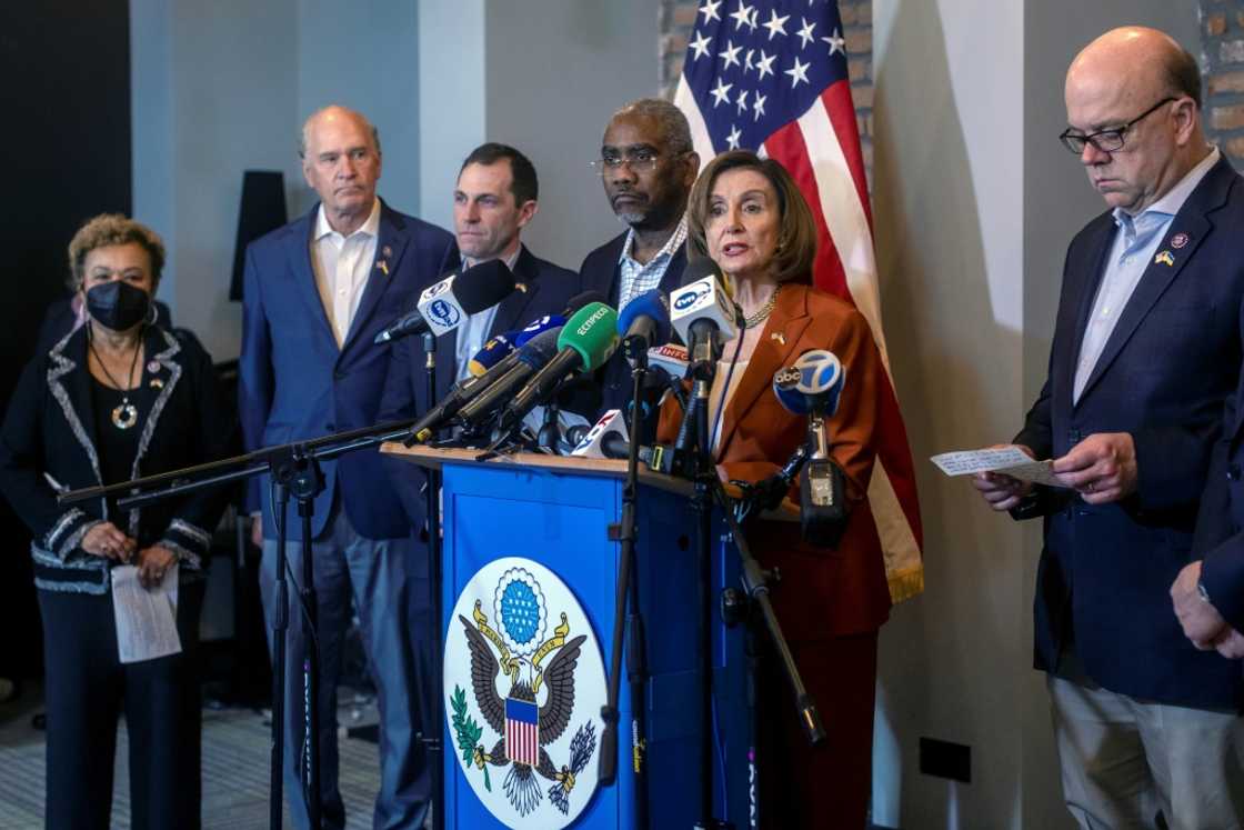 Members of a US congressional delegation led by Speaker Nancy Pelosi speak to the press in Rzeszow, Poland in May 2022 after visiting Ukraine Members of a US congressional delegation led by Speaker Nancy Pelosi speak to the press in Rzeszow, Poland in May 2022 after visiting Ukraine