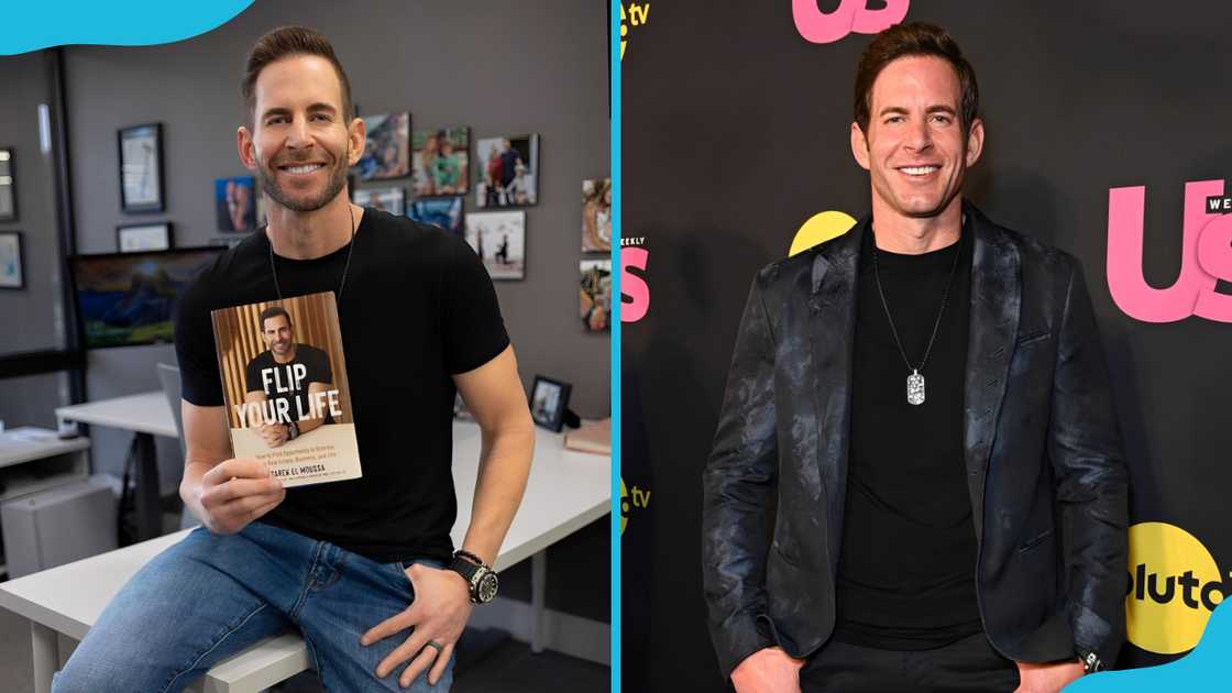 Tarek El Moussa with his book (L). He attends Us Weekly's event in Los Angeles, California (R). Tarek El Moussa with his book (L). He attends Us Weekly's event in Los Angeles, California (R).