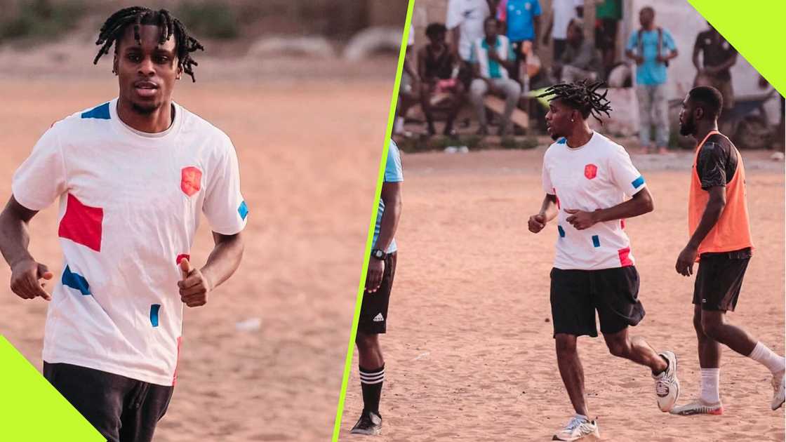 Jeremie Frimpong plays on grassless pitch in Ghana. Jeremie Frimpong plays on grassless pitch in Ghana.
