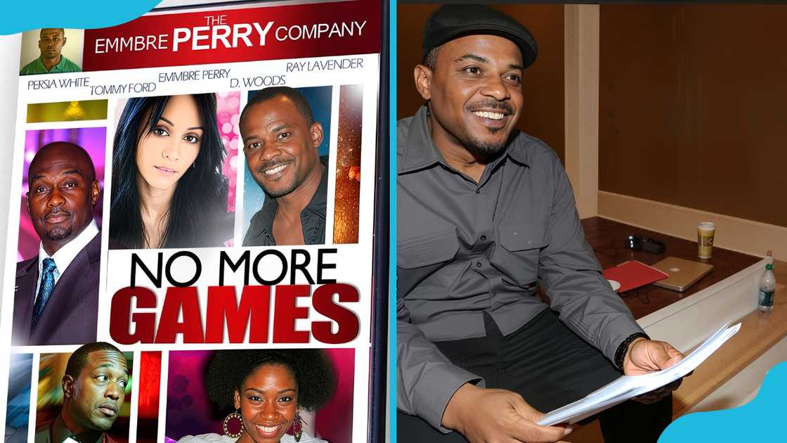 Emmbre Perry's No More Games poster (L); he smiles in his Fayetteville studio with scripts in hand (R). Emmbre Perry's No More Games poster (L); he smiles in his Fayetteville studio with scripts in hand (R).