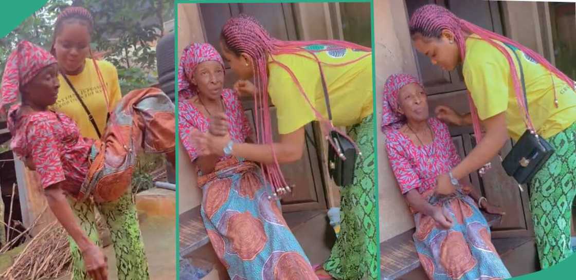 Lady pampers her great-grandmother. Lady pampers her great-grandmother.