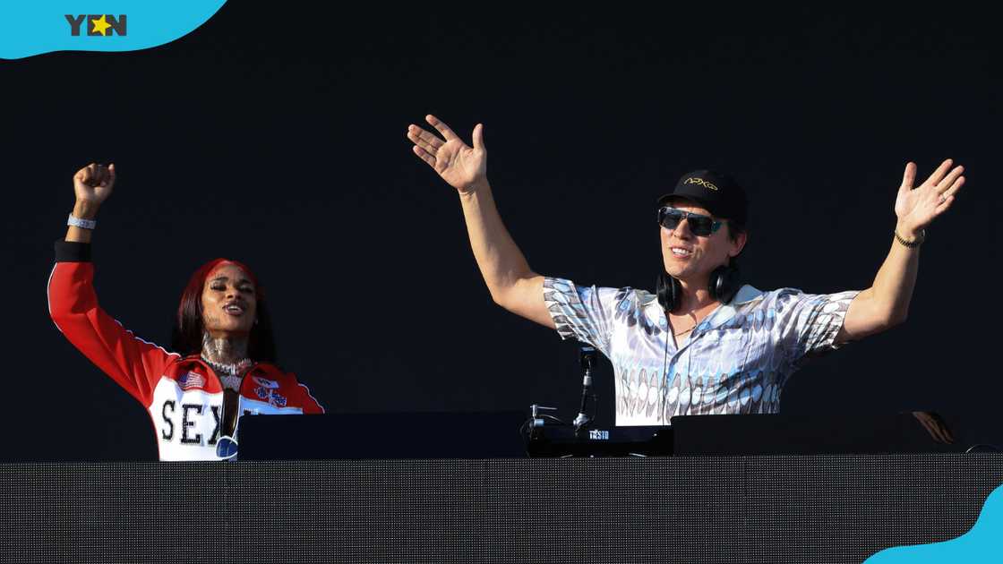 Sexxy Red (L) and Tiesto (R) perform at the end of the 2025 Miami Formula One Grand Prix. Sexxy Red (L) and Tiesto (R) perform at the end of the 2025 Miami Formula One Grand Prix.