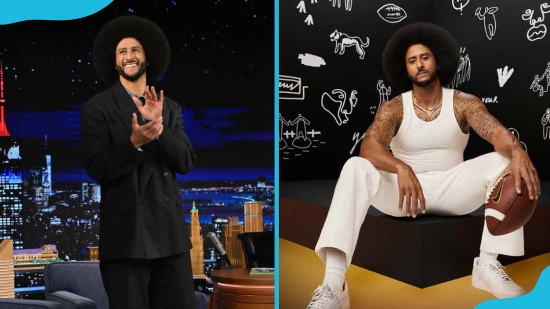 Colin Kaepernick in a black suit and white outfit Colin Kaepernick in a black suit and white outfit