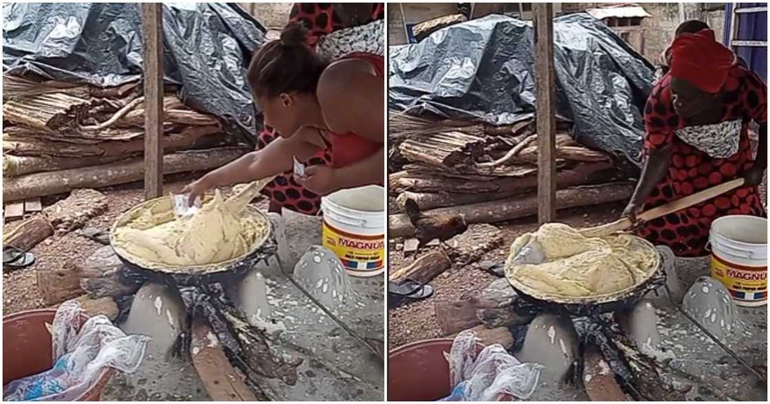 Women cook banku with rubber