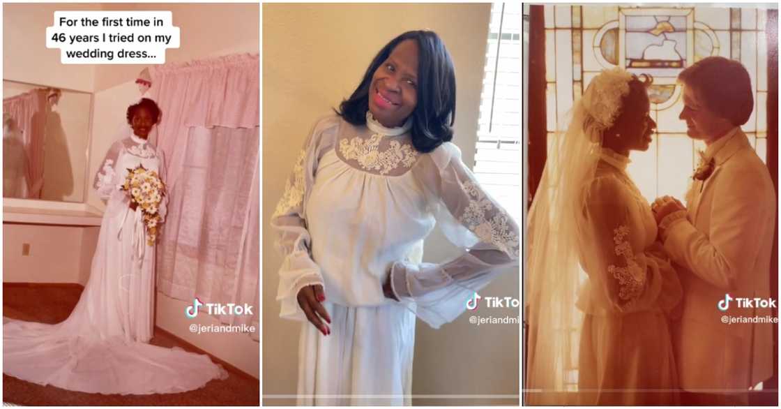 Photo of woman wearing the same wedding gown 46 years apart Photo of woman wearing the same wedding gown 46 years apart