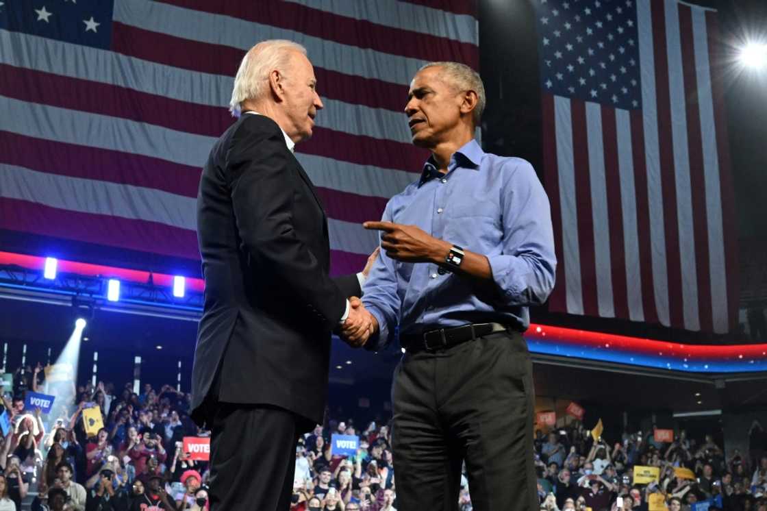US President Joe Biden (L) was joined by ex-president Barack Obama at a rally for Democrats in Philadelphia, Pennsylvania three days before the November 8, 2022 midterms US President Joe Biden (L) was joined by ex-president Barack Obama at a rally for Democrats in Philadelphia, Pennsylvania three days before the November 8, 2022 midterms