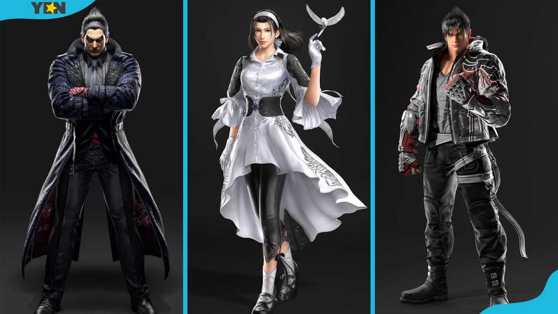 Kazuya Mishima (L), Jun Kazama (C), and Jin Kazama (R) Kazuya Mishima (L), Jun Kazama (C), and Jin Kazama (R)