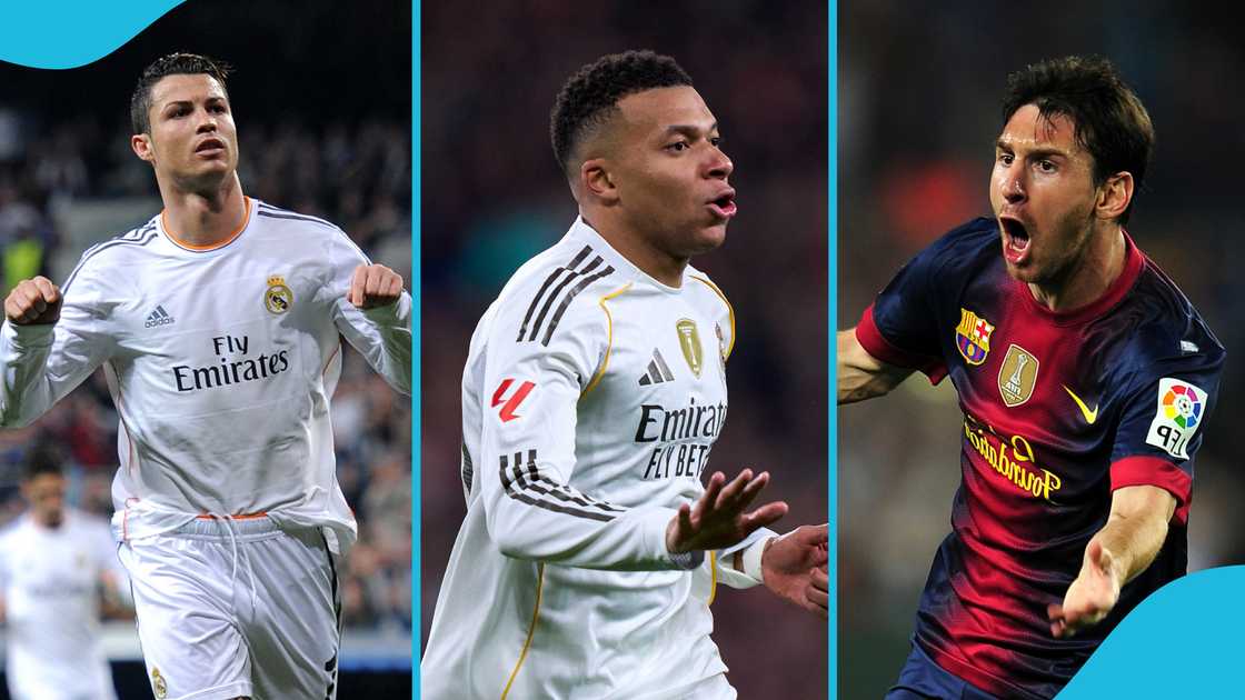 Kylian Mbappe, Lionel Messi, Zico, Romario, Robert Lewandowski, Mbappe breaks Ronaldo's record, Calendar goals, Mbappe trails Messi by 29.