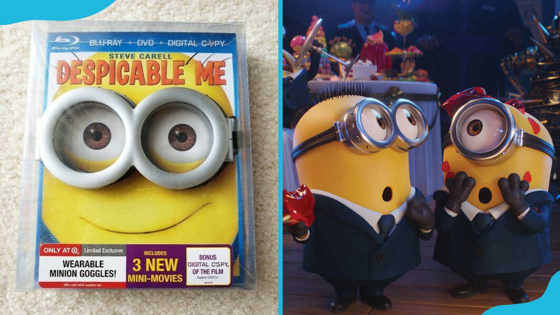 A Despicable Me DVD with wearable minion goggles (L) and (R) a scene from the Despicable Me 4 film.