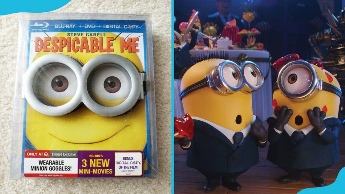 A Despicable Me DVD with wearable minion goggles (L) and (R) a scene from the Despicable Me 4 film. A Despicable Me DVD with wearable minion goggles (L) and (R) a scene from the Despicable Me 4 film.